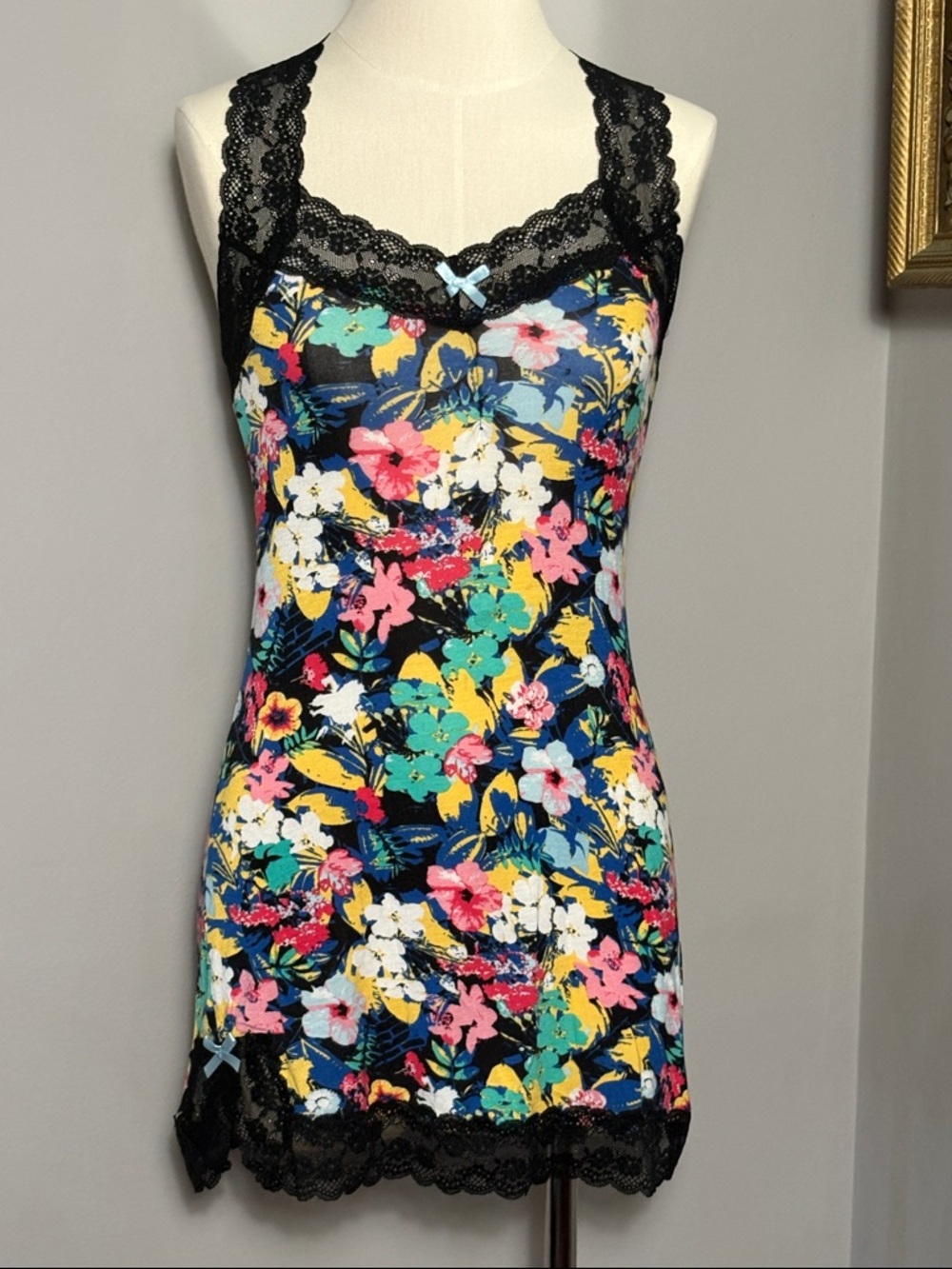 LAST CHANCE Honeydew Small Floral Lace Trim Nightdress Black Multi Sleepwear